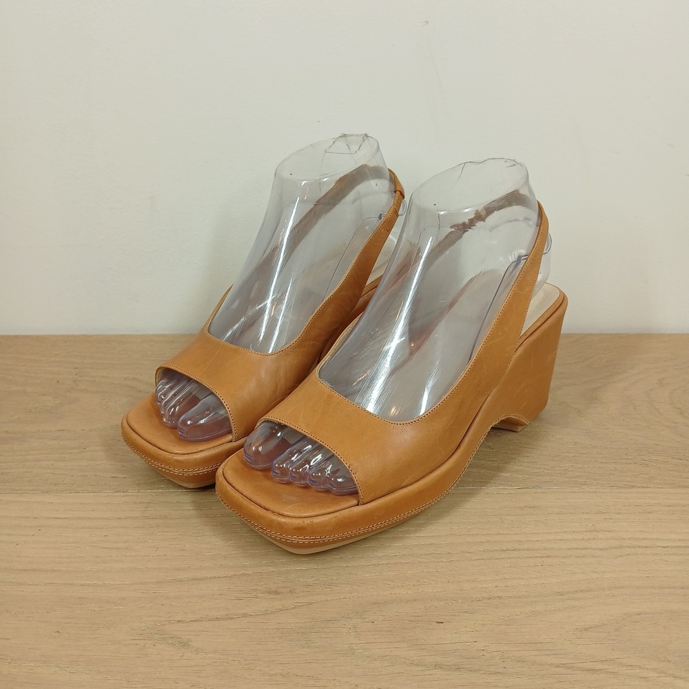 Via Spiga Wedge Sandals Women 6.5 Tan Leather Square Toe Slingback Platform